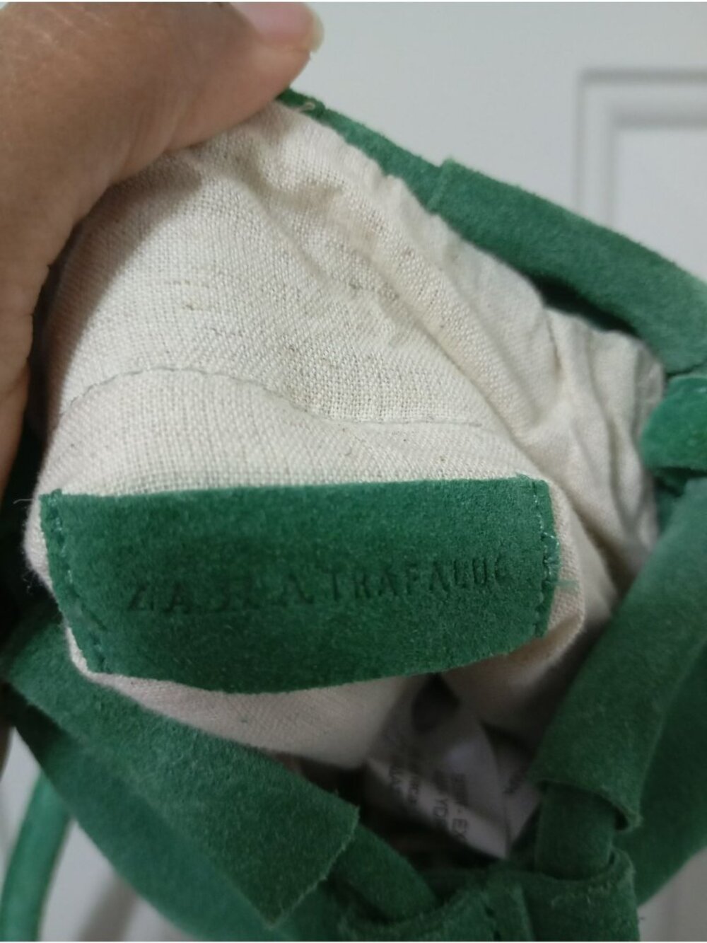 Zara Trafaluc Green Suede Fringe Crossbody Bag Cotton-Linen Drawstring Lining - Picture 3 of 11